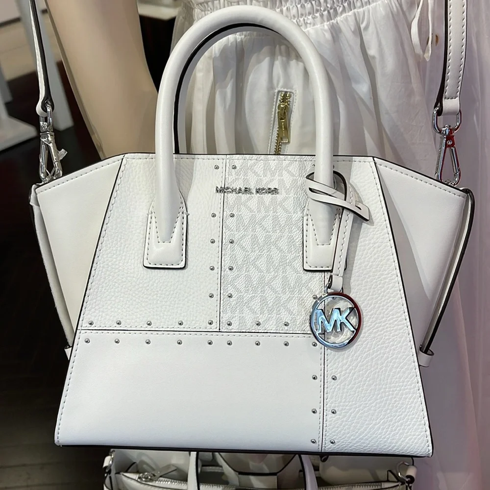 Michael Kors Avril Small Studded Patchwork and Signature Logo Satchel Crossbody - Picture 13 of 16